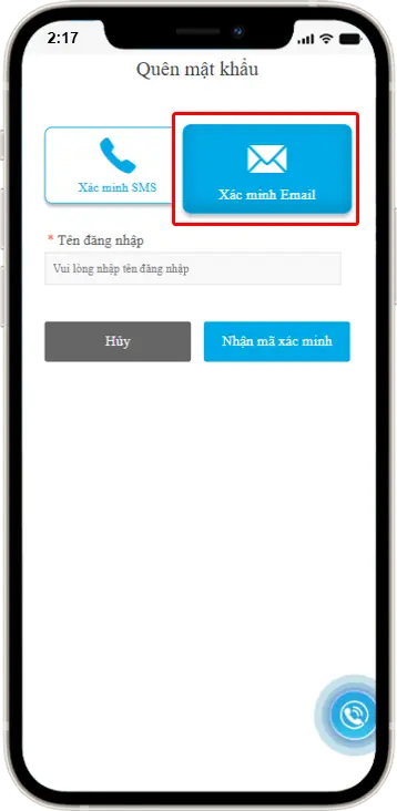 Bước 3: Chọn Xác minh Email » Điền Tên đăng nhập » Nhận mã xác minh